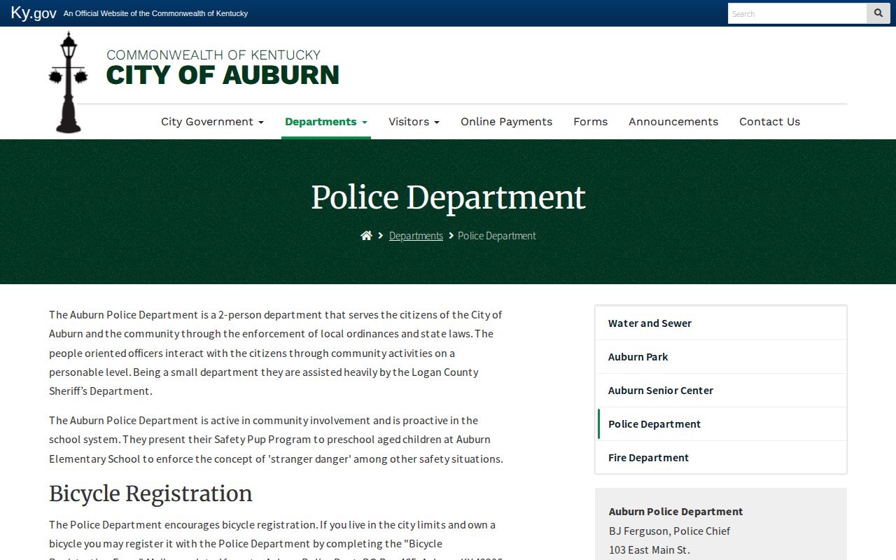 Auburn Logan County Kentucky official police department contact for city arrest records