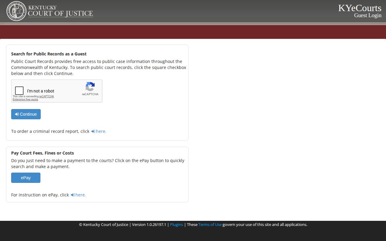 Guest CourtNet search interface for Logan County court disposition records